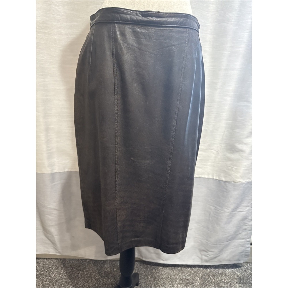 Cambridge Dry Goods Women's 100% Leather Brown Knee Length Lined Skirt Size 12